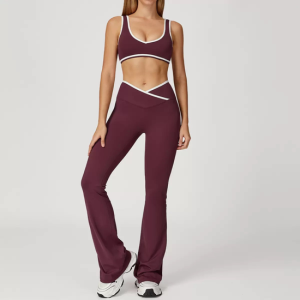 Flared Leggings & Sports Bra-Burgundy