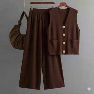 Women's Knit Sweater Set  2pcs- Brown