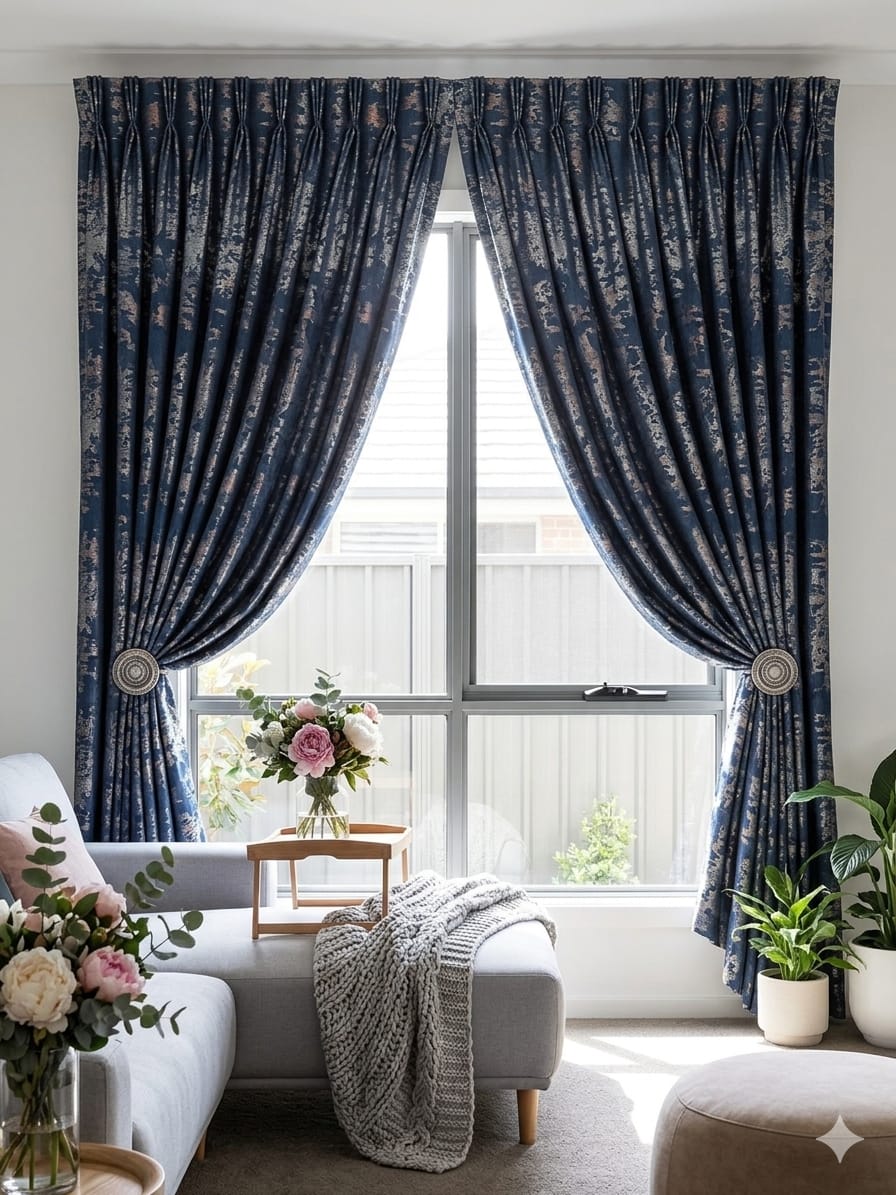 1 Piece Navy Blue Pleated Curtain