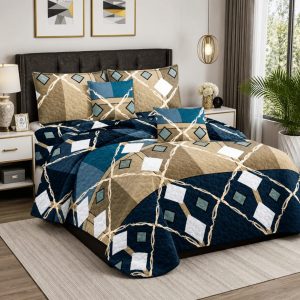 5 Piece Quilt Set Blue & Brown Designed Bedspread Set