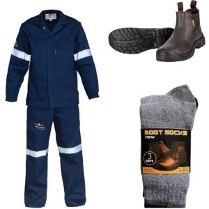 Flame Retardant & Acid Resistance Worksuits + Chelsea Pioneer Safety Boot + 3 Pairs Boot Socks - Combo