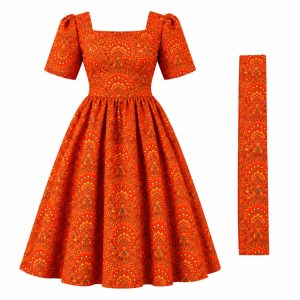 Ankara Puff-Sleeve Dress & Headrwap - 2 Piece -Orange