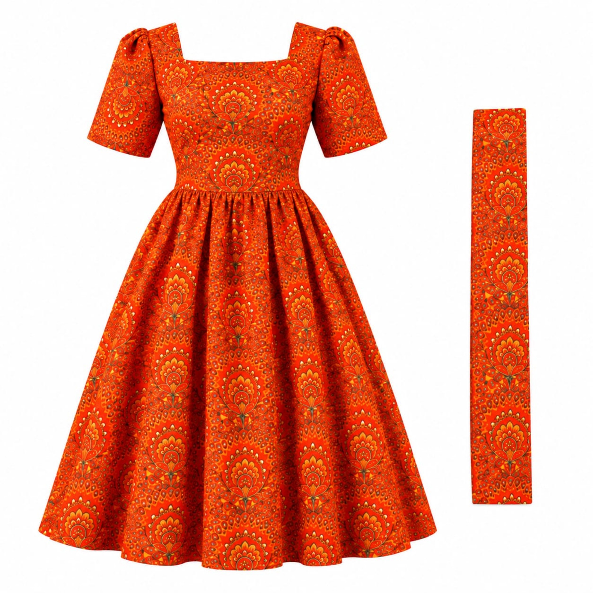 Ankara Puff-Sleeve Dress & Headrwap - 2 Piece -Orange